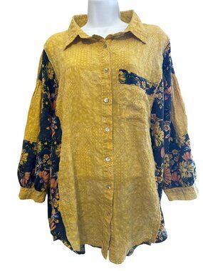 POL Mustard & Navy Patchwork Top Size Medium